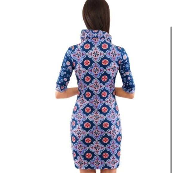 Gretchen Scott Jersey Ruffneck Blue Sundial Geometric Dress with Ruffle Collar - Picture 6 of 6
